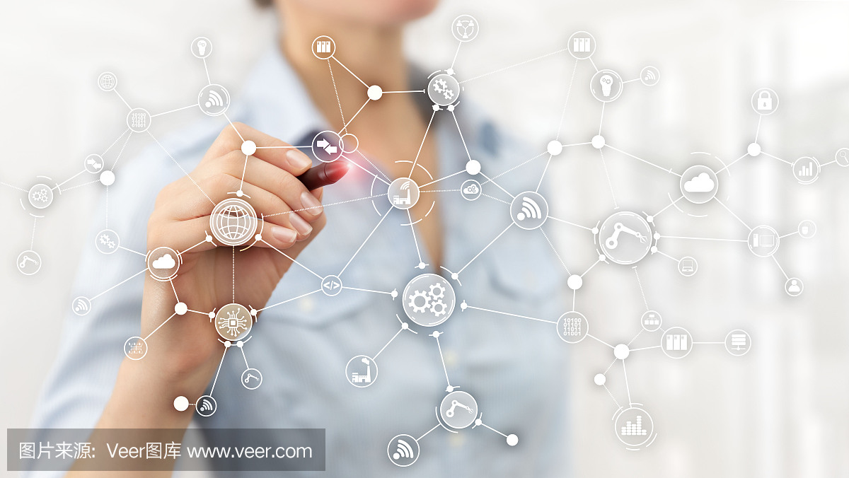 虛擬屏幕上的技術工業業務流程工作流組織結構。物聯網智能行業概念混合媒體圖。